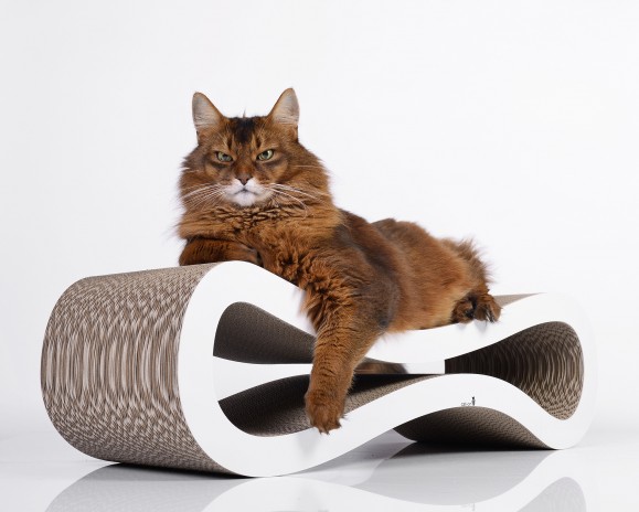 Handgefertigte Kratzmöbel aus Wellpappe für Katzen - Kratzwelle Cat On Cat Racer Wellpappe Katzenmoebel Weiss 618x463.5